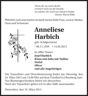 Traueranzeige von Anneliese Harbich 