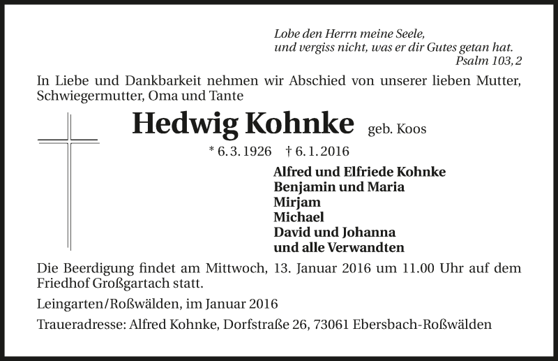  Traueranzeige für Hedwig Kohnke vom 09.01.2016 aus 