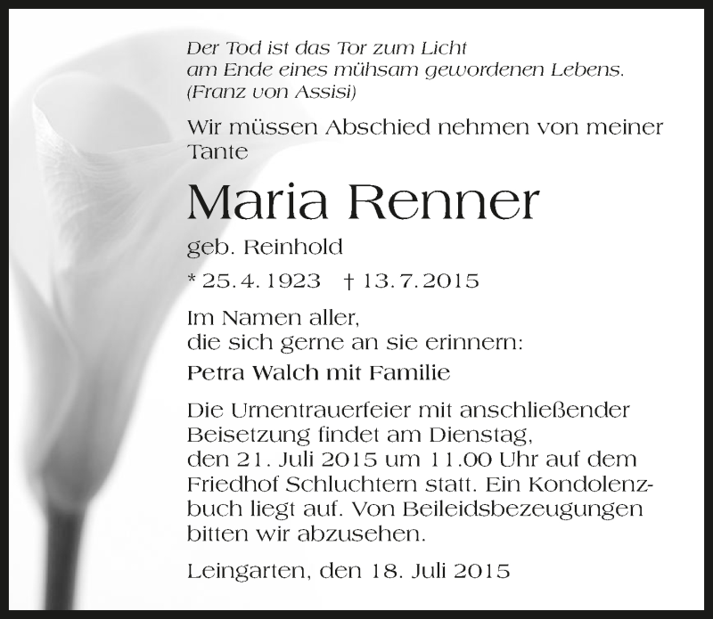  Traueranzeige für Maria Renner vom 18.07.2015 aus 