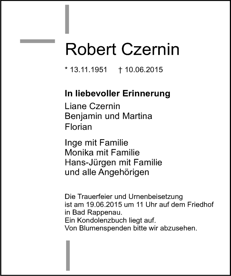  Traueranzeige für Robert Czernin vom 17.06.2015 aus 