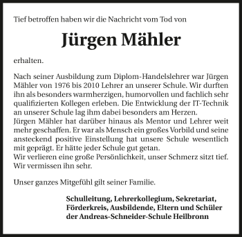 Traueranzeige von Jürgen Mähler 