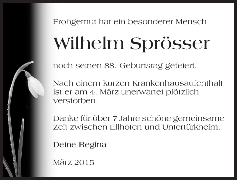  Traueranzeige für Wilhelm Sprösser vom 07.03.2015 aus 