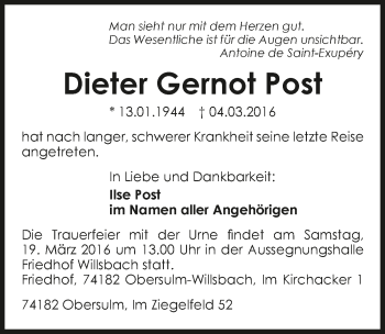 Traueranzeige von Dieter Gernot Post 