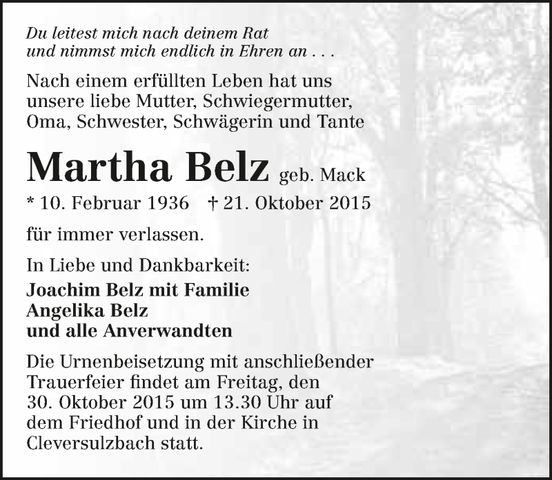  Traueranzeige für Martha Belz vom 28.10.2015 aus 