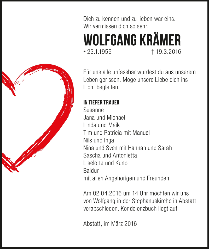  Traueranzeige für Wolfgang Krämer vom 26.03.2016 aus 