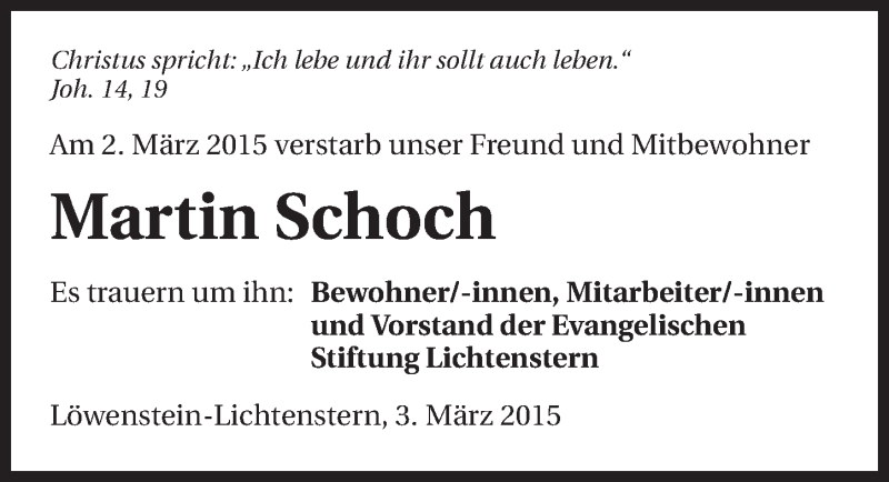  Traueranzeige für Martin Schoch vom 04.03.2015 aus 