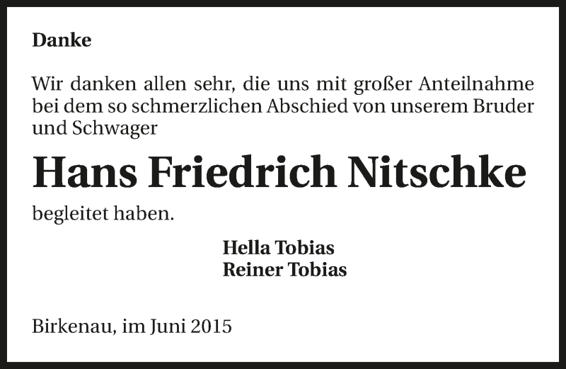  Traueranzeige für Hans Friedrich Nitschke vom 20.06.2015 aus 
