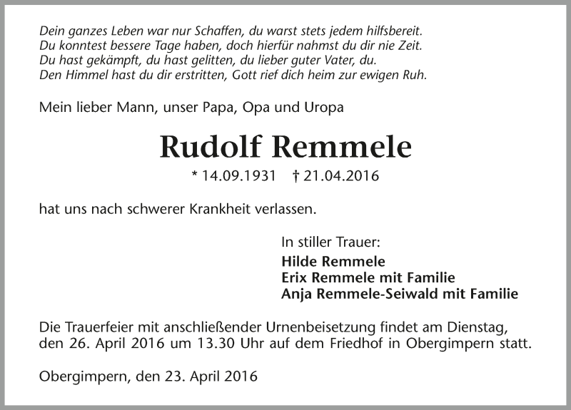  Traueranzeige für Rudolf Remmele vom 23.04.2016 aus 