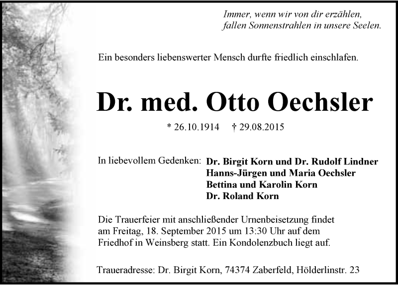  Traueranzeige für Otto Oechsler vom 12.09.2015 aus 