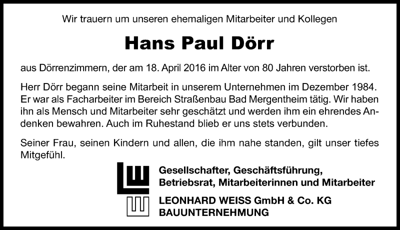  Traueranzeige für Hans Paul Dörr vom 26.04.2016 aus 