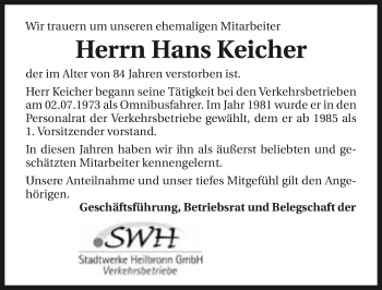 Traueranzeige von Hans Keicher 