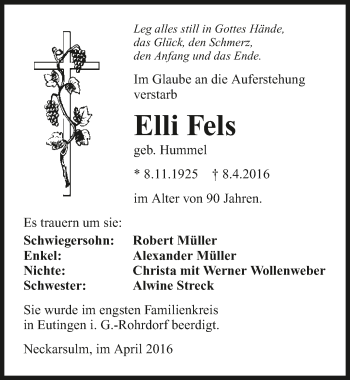 Traueranzeige von Elli Fels 