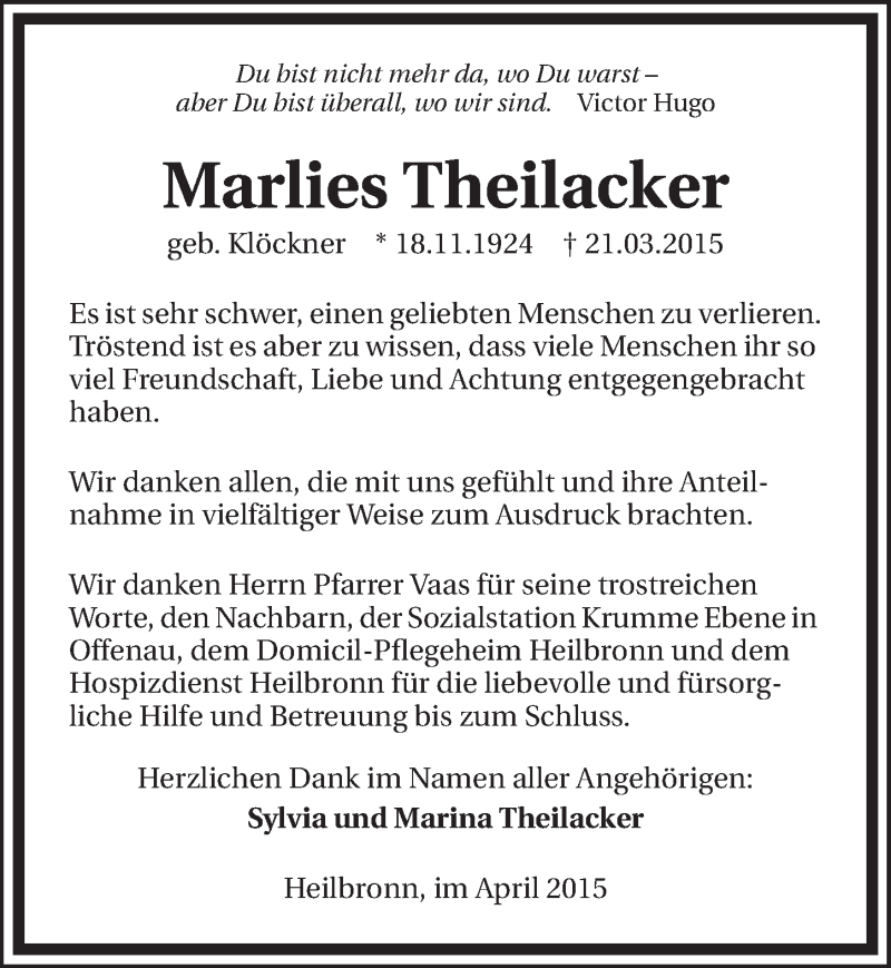  Traueranzeige für Marlies Theilacker vom 14.04.2015 aus 