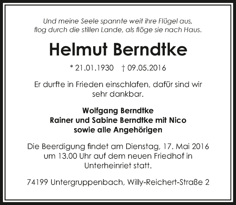  Traueranzeige für Helmut Berndtke vom 11.05.2016 aus 