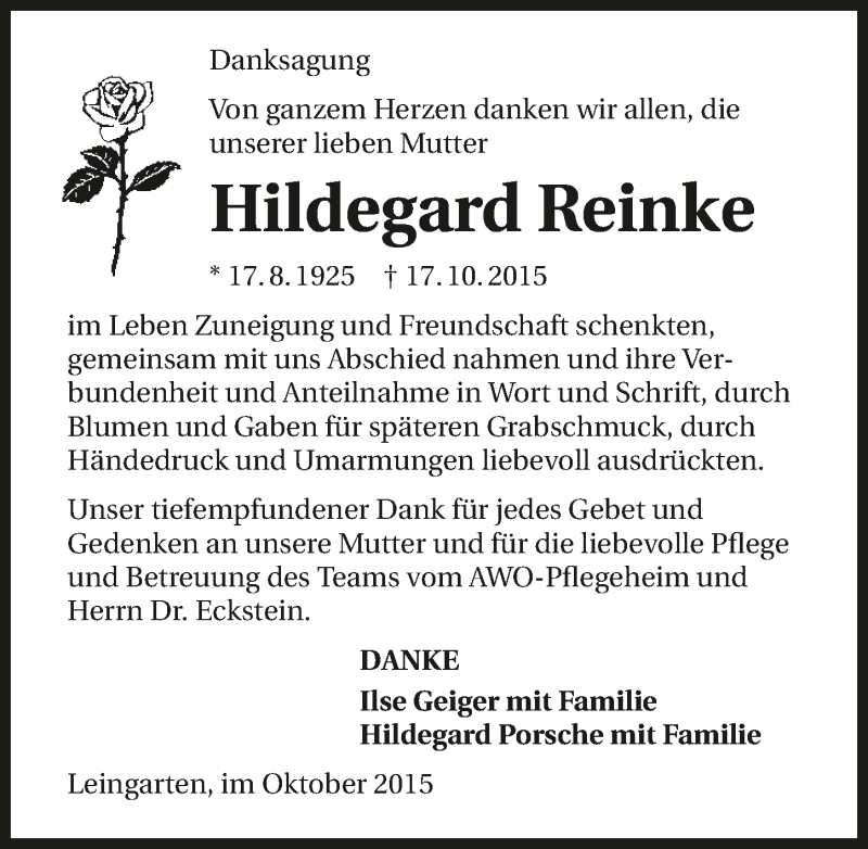  Traueranzeige für Hildegard Reinke vom 31.10.2015 aus 