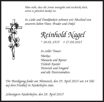 Traueranzeige von Reinhold Nagel 