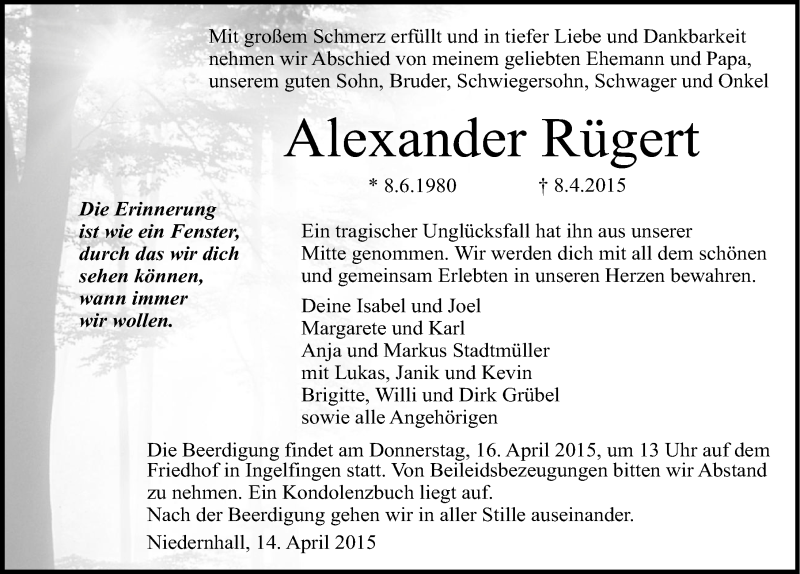  Traueranzeige für Alexander Rügert vom 14.04.2015 aus 
