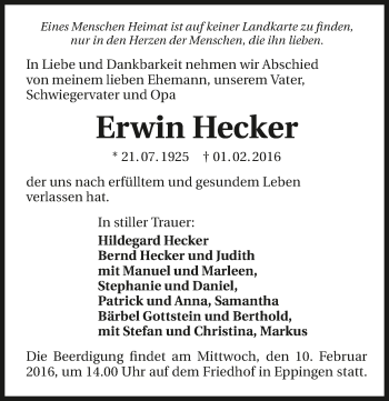 Traueranzeige von Erwin Hecker 