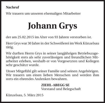 Traueranzeige von Johann Grys 
