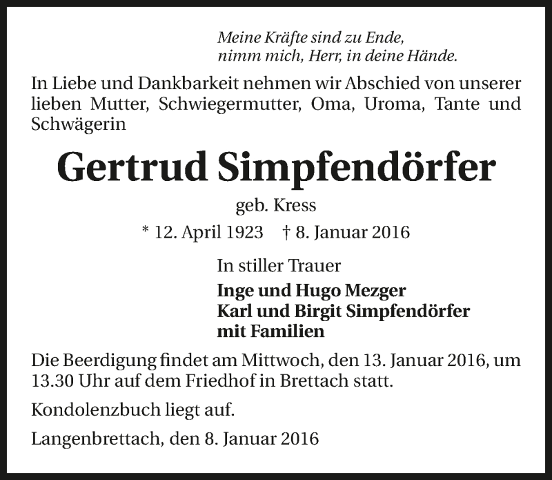  Traueranzeige für Gertrud Simpfendörfer vom 11.01.2016 aus 