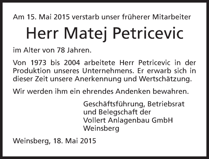  Traueranzeige für Matej Petricevic vom 22.05.2015 aus 