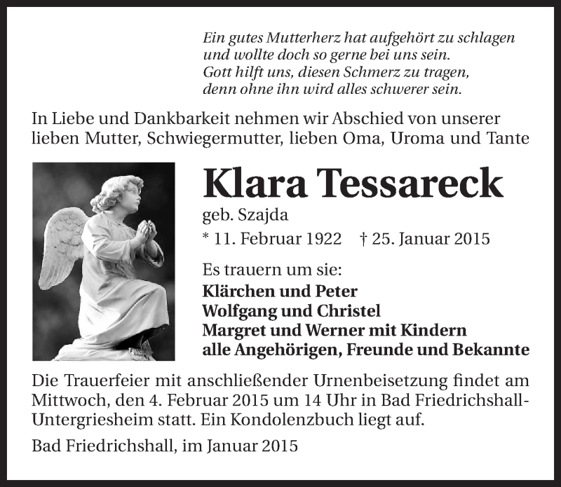  Traueranzeige für Klara Tessareck vom 31.01.2015 aus 