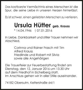 Traueranzeige von Ursula Hütter 