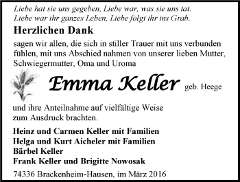 Traueranzeige von Emma Keller 