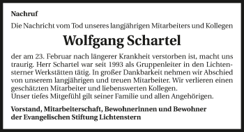 Traueranzeige von Wolfgang Schartel 