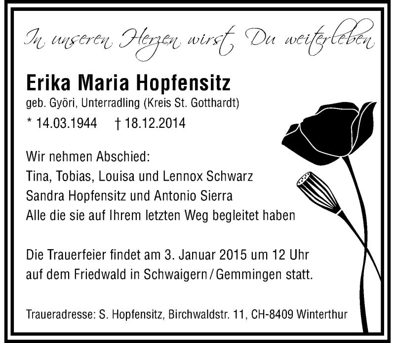  Traueranzeige für Erika Maria Hopfensitz vom 27.12.2014 aus 