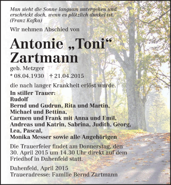 Traueranzeige von Antonie Zartmann 