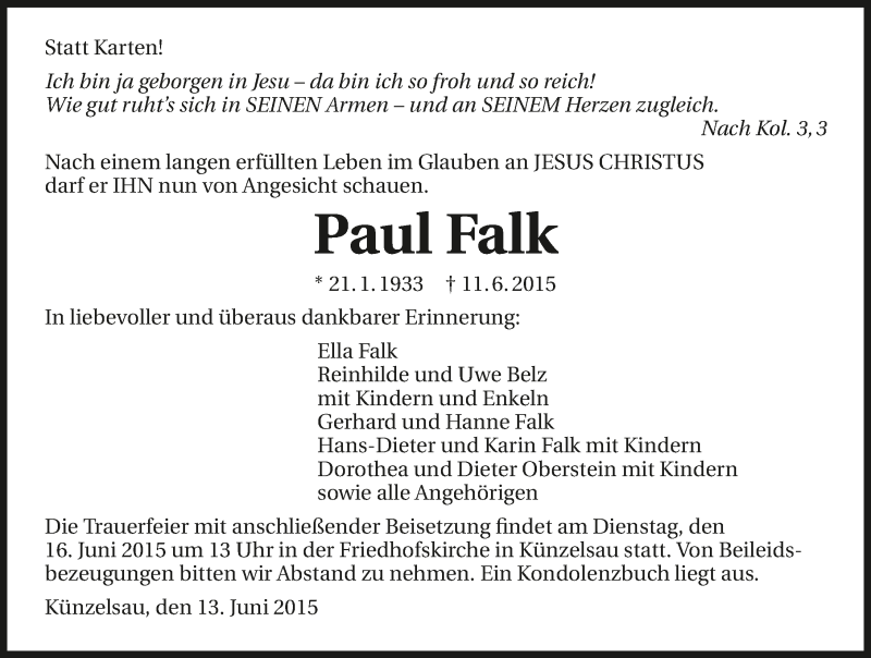  Traueranzeige für Paul Falk vom 13.06.2015 aus 
