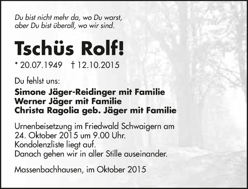  Traueranzeige für Rolf Jäger vom 21.10.2015 aus 