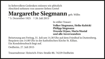 Traueranzeige von Margarethe Siegmann 