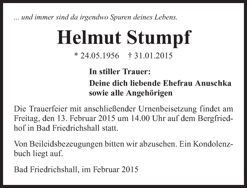  Traueranzeige für Helmut Stumpf vom 11.02.2015 aus 