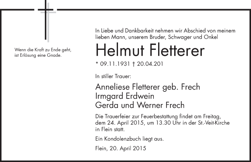 Traueranzeige für Helmut Fletterer vom 23.04.2015 aus 