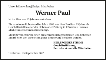 Traueranzeige von Werner Paul 