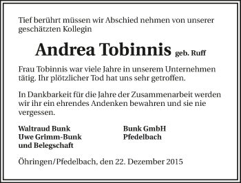 Traueranzeige von Andrea Tobinnis 