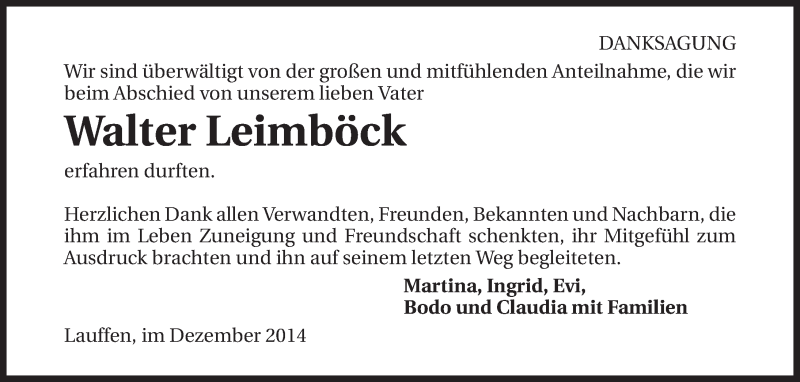  Traueranzeige für Walter Leimböck vom 23.12.2014 aus 