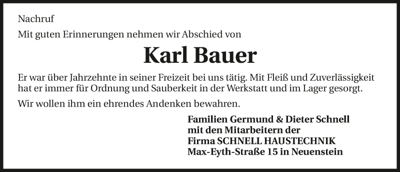  Traueranzeige für Karl Bauer vom 08.12.2015 aus 
