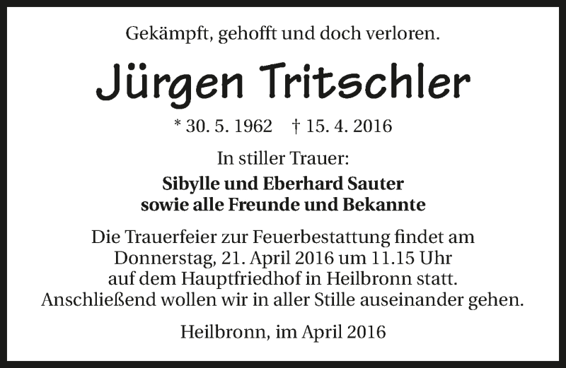  Traueranzeige für Jürgen Tritschler vom 18.04.2016 aus 