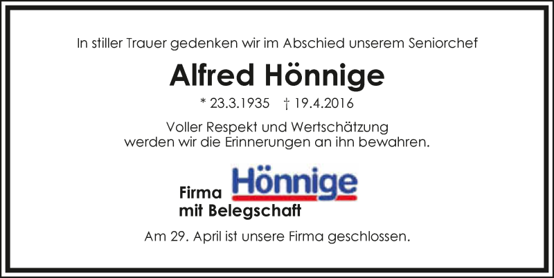  Traueranzeige für Alfred Hönnige vom 22.04.2016 aus 