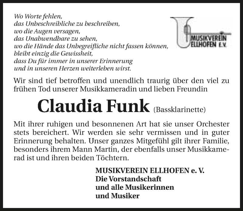  Traueranzeige für Claudia Funk vom 17.10.2015 aus 