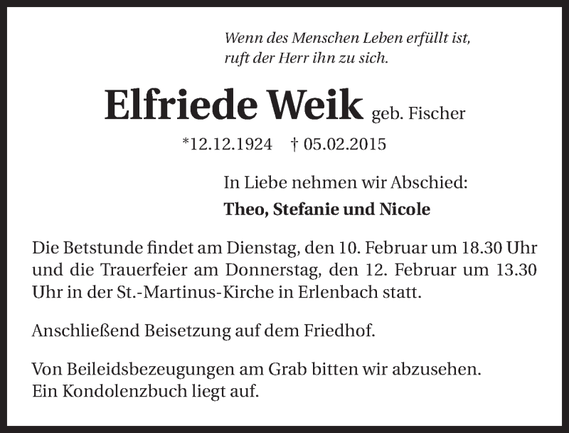  Traueranzeige für Elfriede Weik vom 10.02.2015 aus 