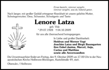 Traueranzeige von Leonore Latza 