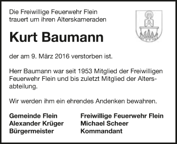 Traueranzeige von Kurt Baumann 
