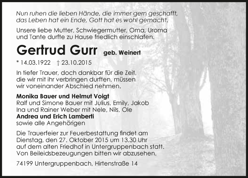  Traueranzeige für Gertrud Gurr vom 24.10.2015 aus 