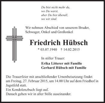 Traueranzeige von Friedrich Hübsch 