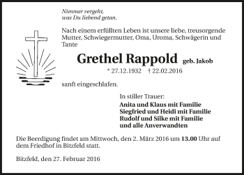 Traueranzeige von Grethel Rappold 