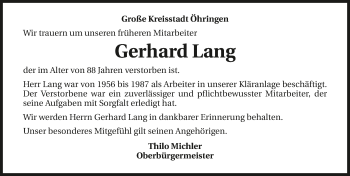 Traueranzeige von Gerhard Lang 